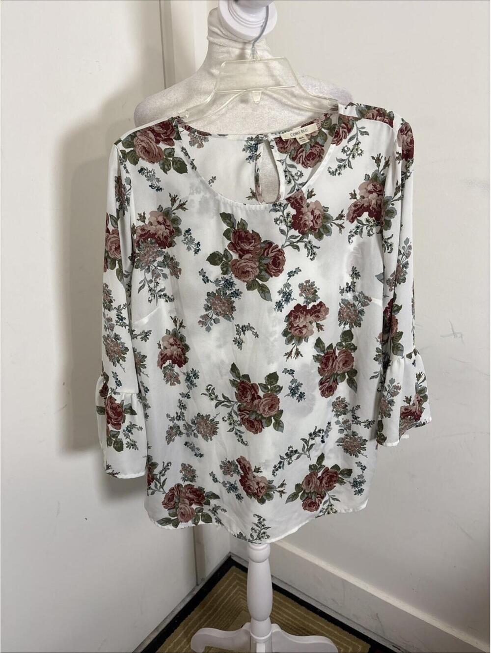 Como Blu Tunic Top Shirt Size Large‎ Floral Scoop Neck Bell Sleeves Blouse Boho